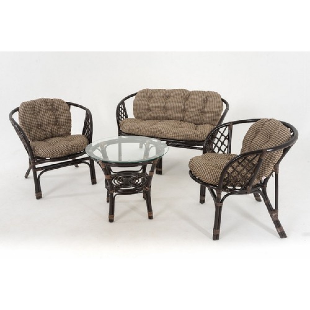 Комплект для отдыха Багамы 01-16 из натурального ротанга, цвет: темный коньяк, подушки мексика, клетка Комплект для отдыха Багамы 01-16 из натурального ротанга, цвет: темный коньяк, подушки мексика, клетка