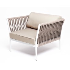 "Касабланка" кресло плетеное из роупа, каркас алюминий светло-серый (RAL7035) муар, роуп серо-коричневый 23мм, ткань бежевая 15052