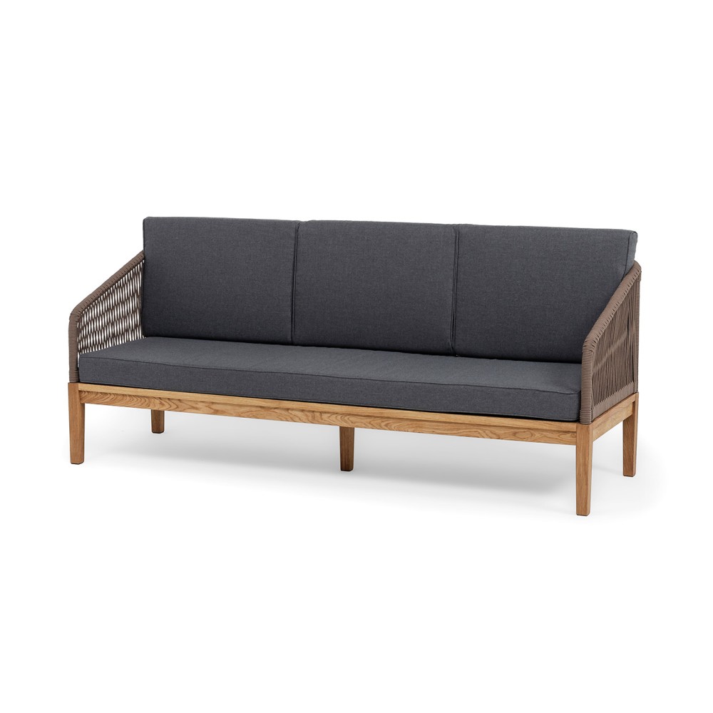 "Канны" диван 3-местный плетеный из роупа, основание дуб, роуп коричневый круглый, ткань темно-серая 027 "Канны" диван 3-местный плетеный из роупа, основание дуб, роуп коричневый круглый, ткань темно-серая 027