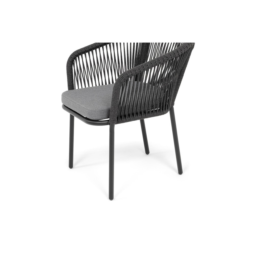 "Марсель" стул плетеный из роупа, каркас алюминий черный муар, роуп темно-серый круглый, ткань темно-серая 027 "Марсель" стул плетеный из роупа, каркас алюминий черный муар, роуп темно-серый круглый, ткань темно-серая 027