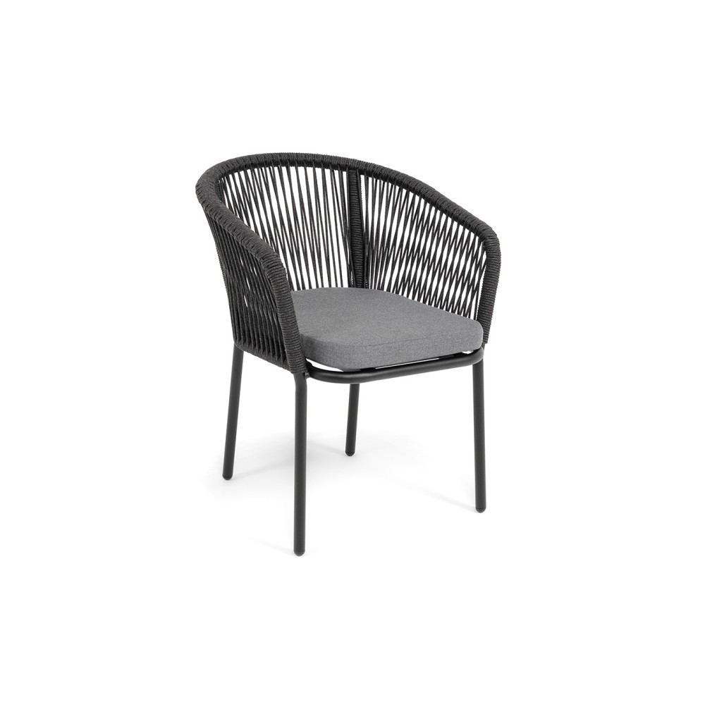 "Марсель" стул плетеный из роупа, каркас алюминий черный муар, роуп темно-серый круглый, ткань темно-серая 027 "Марсель" стул плетеный из роупа, каркас алюминий черный муар, роуп темно-серый круглый, ткань темно-серая 027