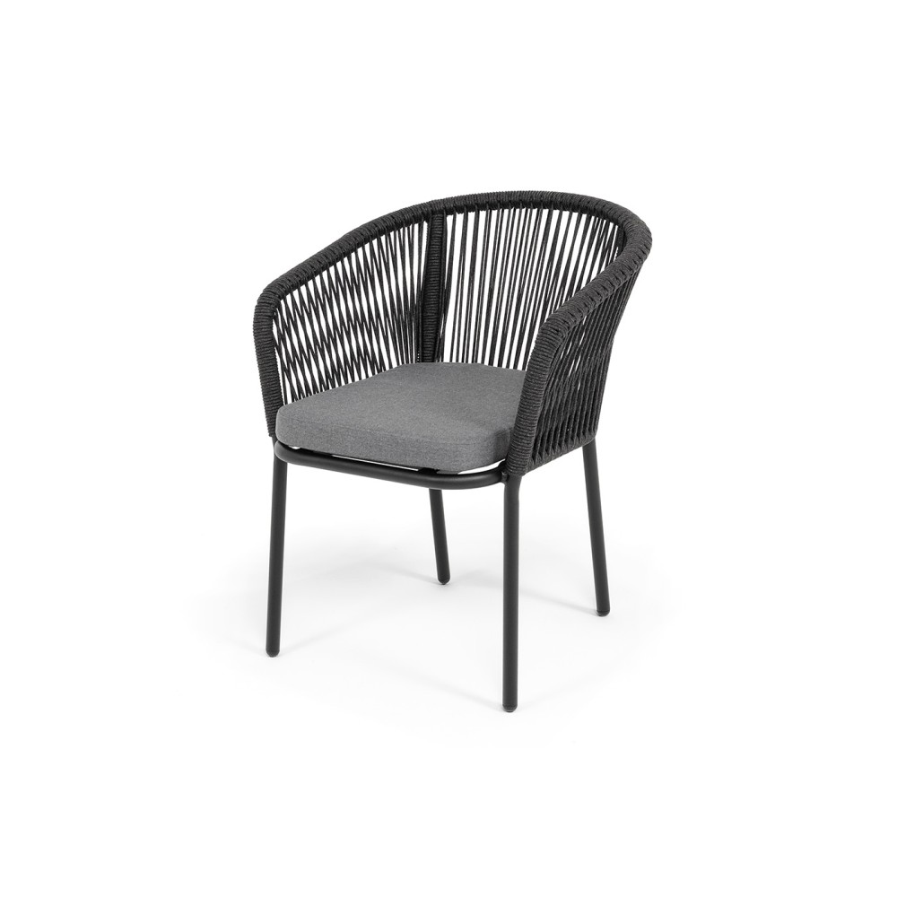 "Марсель" стул плетеный из роупа, каркас алюминий черный муар, роуп темно-серый круглый, ткань темно-серая 027 "Марсель" стул плетеный из роупа, каркас алюминий черный муар, роуп темно-серый круглый, ткань темно-серая 027