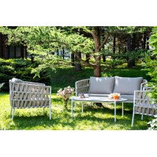 "Диего" лаунж-зона 4-местная плетеная из роупа (веревки), каркас алюминиевый белый, роуп бежевый