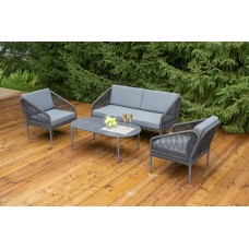  "Канны" лаунж-зона 4-местная из роупа со столиком "Диего" цвета "серый гранит", роуп темно-серый круглый, ткань темно-серая KANS2C2T-4-SET-C2