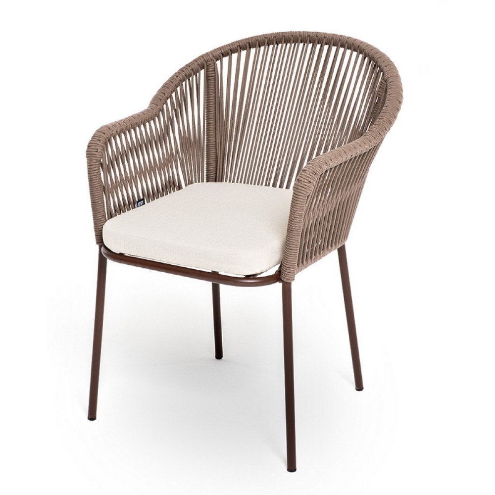 "Лион" стул плетеный из роупа, каркас из стали коричневый (RAL8016) муар, роуп коричневый круглый, ткань бежевая 15052 "Лион" стул плетеный из роупа, каркас из стали коричневый (RAL8016) муар, роуп коричневый круглый, ткань бежевая 15052