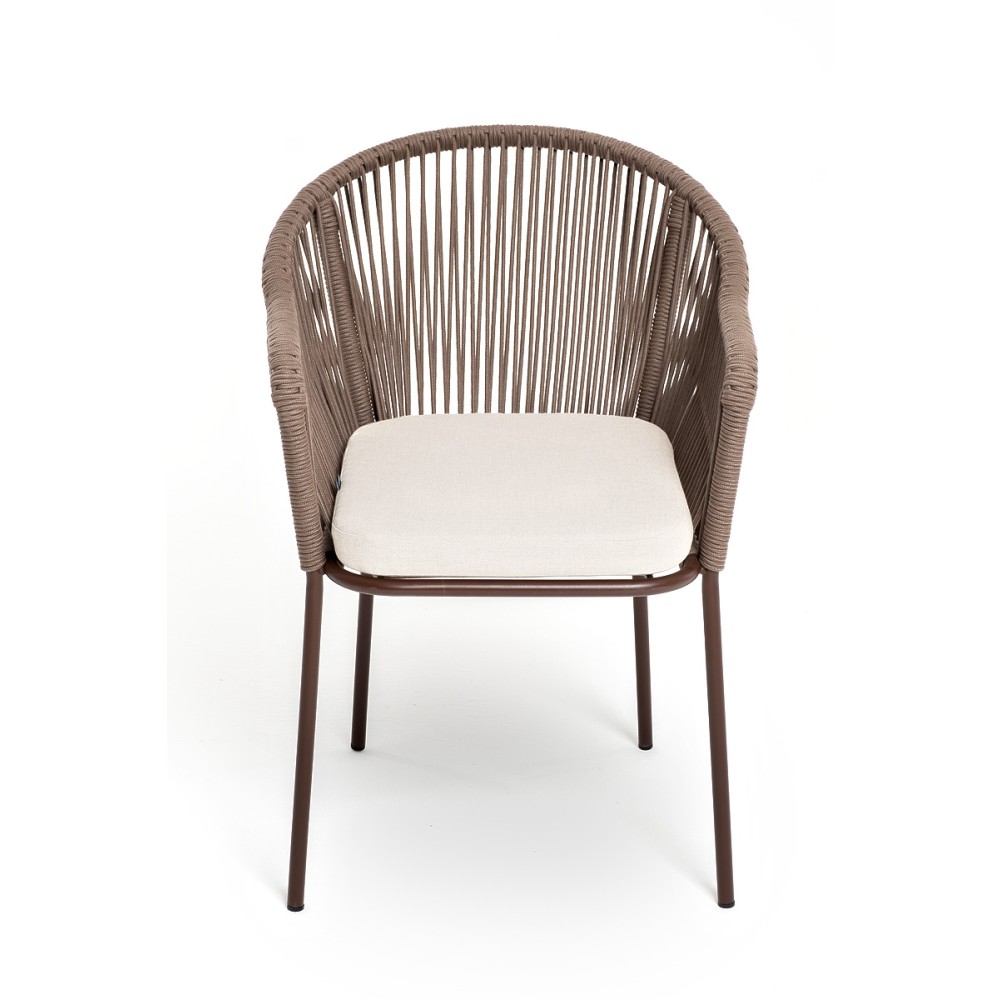 "Лион" стул плетеный из роупа, каркас из стали коричневый (RAL8016) муар, роуп коричневый круглый, ткань бежевая 15052 "Лион" стул плетеный из роупа, каркас из стали коричневый (RAL8016) муар, роуп коричневый круглый, ткань бежевая 15052