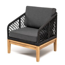 "Канны" кресло плетеное из роупа (узелки), основание дуб, роуп темно-серый круглый, ткань темно-серая 027