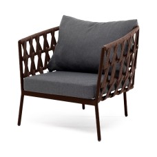 "Диего" кресло плетеное из роупа, каркас алюминий коричневый (RAL8016) шагрень, роуп коричневый круглый, ткань темно-серая 019