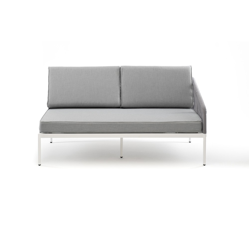 "Канны" левый модуль плетеный из роупа, каркас алюминий белый шагрень, роуп светло-серый круглый, ткань светло-серая "Канны" левый модуль плетеный из роупа, каркас алюминий белый шагрень, роуп светло-серый круглый, ткань светло-серая