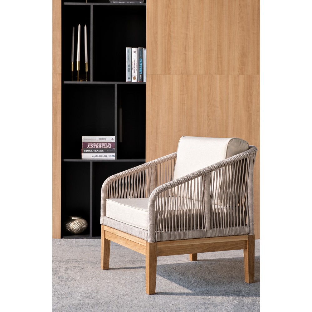 "Канны" кресло плетеное из роупа, основание дуб, роуп бежевый круглый, ткань бежевая 15052 "Канны" кресло плетеное из роупа, основание дуб, роуп бежевый круглый, ткань бежевая 15052