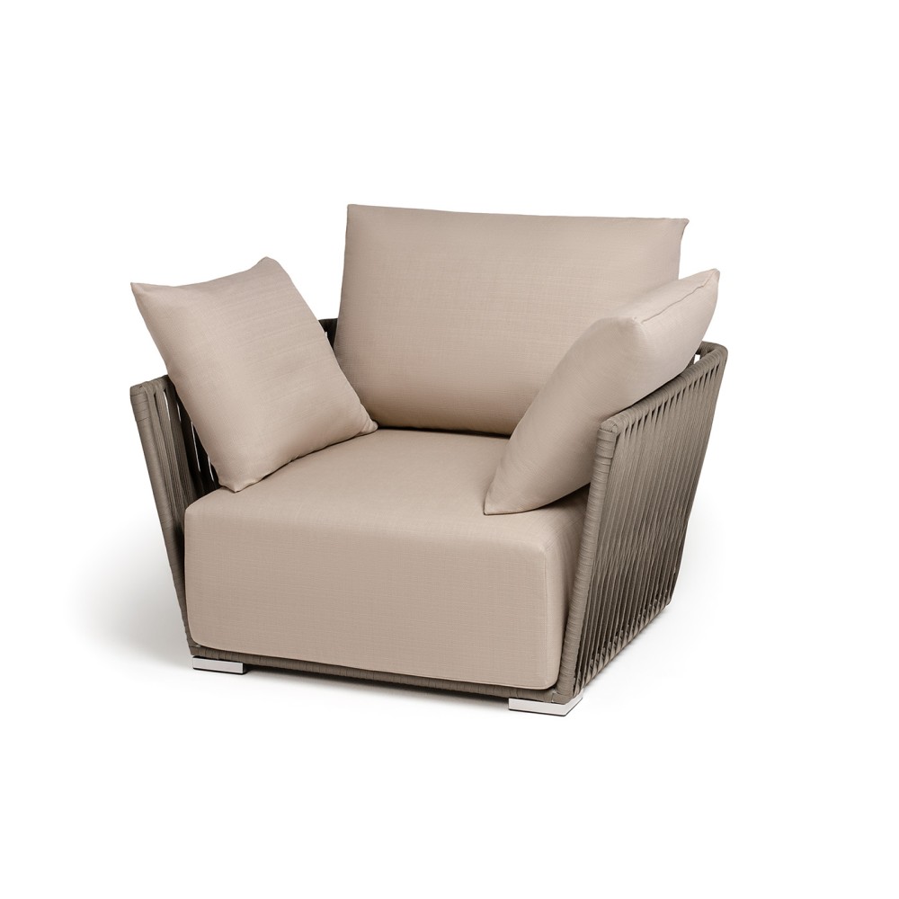 "Форли" кресло плетеное из роупа, каркас алюминий светло-серый (RAL7035) муар, роуп серо-коричневый 23мм, ткань Mossle бежевая "Форли" кресло плетеное из роупа, каркас алюминий светло-серый (RAL7035) муар, роуп серо-коричневый 23мм, ткань Mossle бежевая