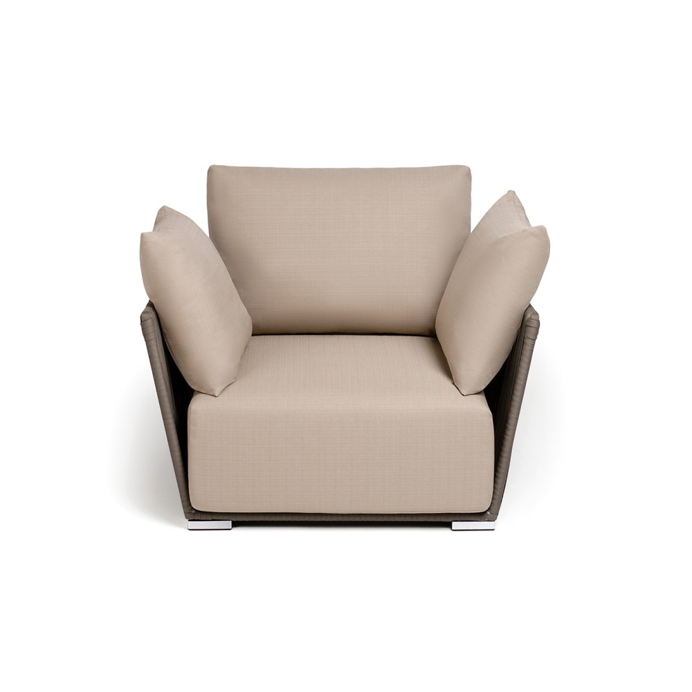 "Форли" кресло плетеное из роупа, каркас алюминий светло-серый (RAL7035) муар, роуп серо-коричневый 23мм, ткань Mossle бежевая "Форли" кресло плетеное из роупа, каркас алюминий светло-серый (RAL7035) муар, роуп серо-коричневый 23мм, ткань Mossle бежевая