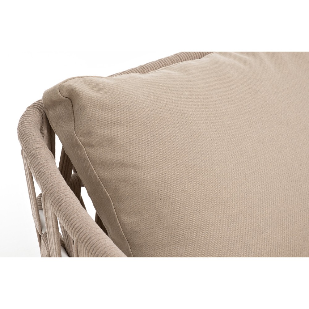 "Диего" диван 2-местный плетеный из роупа, каркас алюминий белый муар, роуп бежевый круглый, ткань бежевая 052 "Диего" диван 2-местный плетеный из роупа, каркас алюминий белый муар, роуп бежевый круглый, ткань бежевая 052