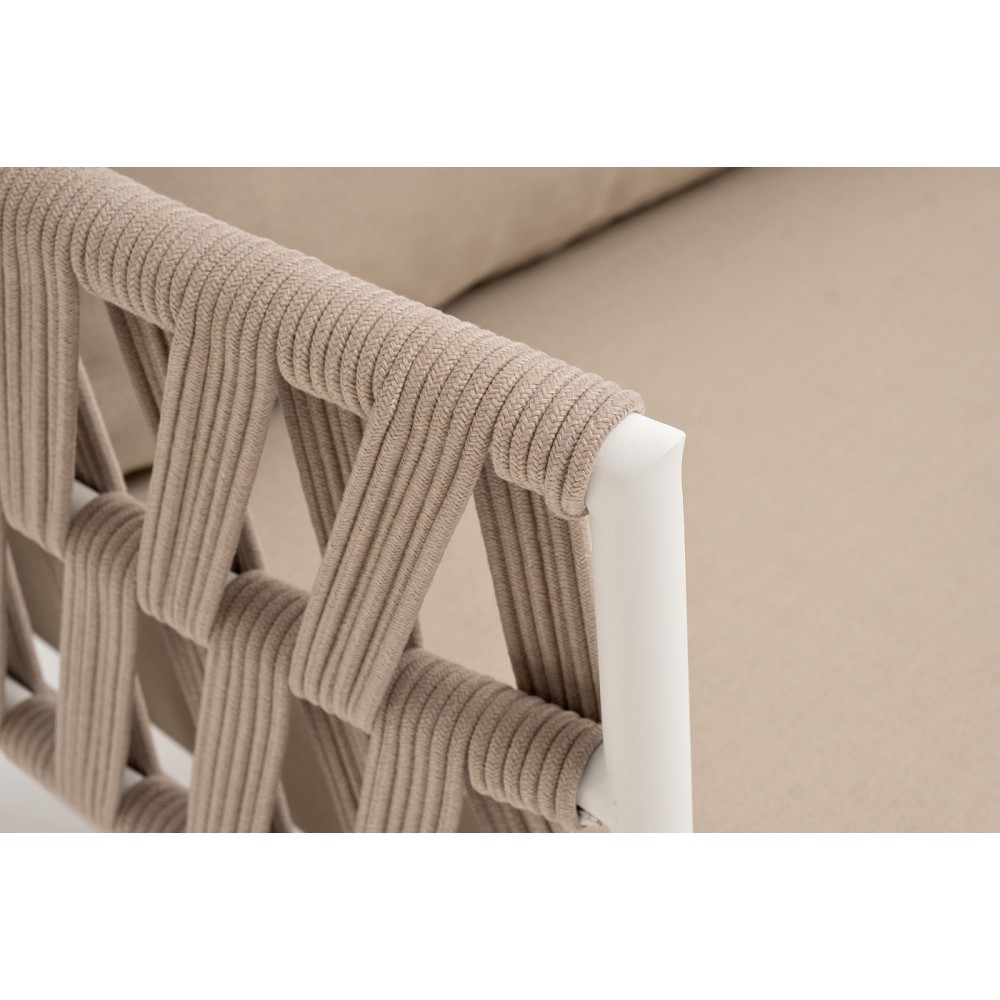 "Диего" диван 2-местный плетеный из роупа, каркас алюминий белый муар, роуп бежевый круглый, ткань бежевая 052 "Диего" диван 2-местный плетеный из роупа, каркас алюминий белый муар, роуп бежевый круглый, ткань бежевая 052