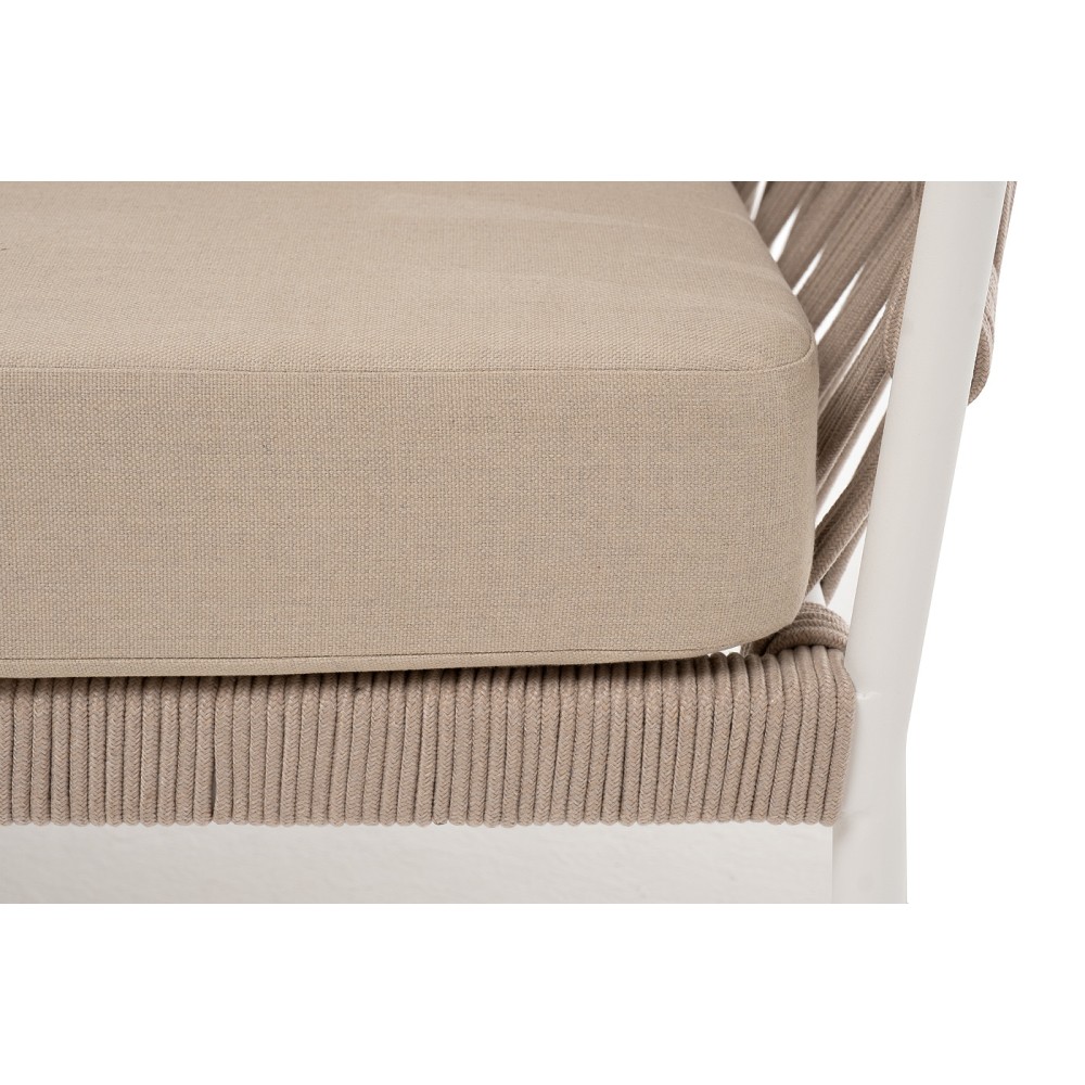 "Диего" диван 2-местный плетеный из роупа, каркас алюминий белый муар, роуп бежевый круглый, ткань бежевая 052 "Диего" диван 2-местный плетеный из роупа, каркас алюминий белый муар, роуп бежевый круглый, ткань бежевая 052