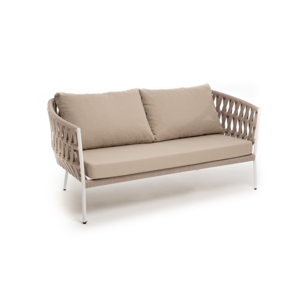 "Диего" диван 2-местный плетеный из роупа, каркас алюминий белый муар, роуп бежевый круглый, ткань бежевая 052 "Диего" диван 2-местный плетеный из роупа, каркас алюминий белый муар, роуп бежевый круглый, ткань бежевая 052