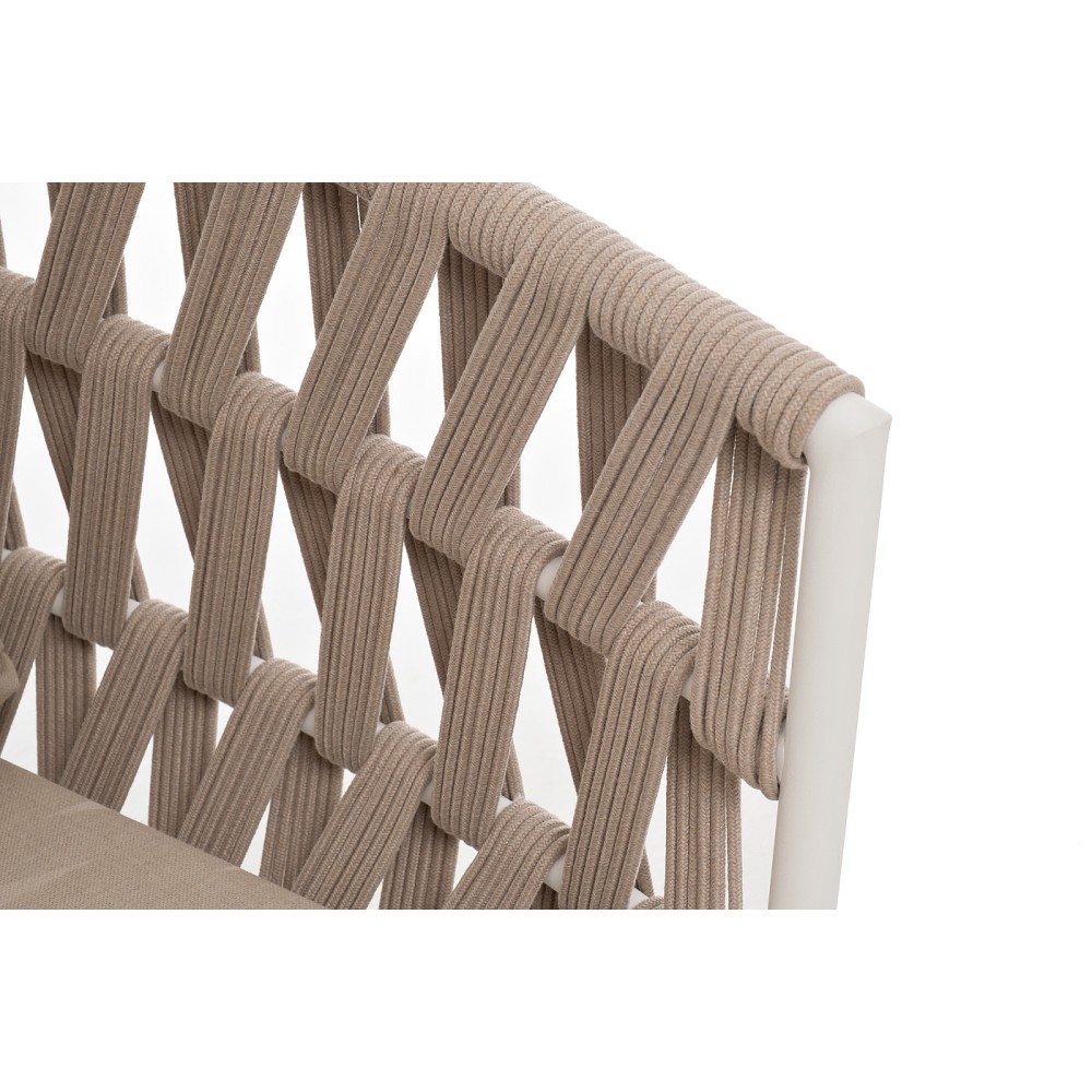 "Диего" диван 2-местный плетеный из роупа, каркас алюминий белый муар, роуп бежевый круглый, ткань бежевая 052 "Диего" диван 2-местный плетеный из роупа, каркас алюминий белый муар, роуп бежевый круглый, ткань бежевая 052