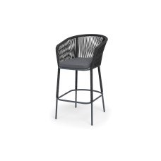 "Марсель" стул барный плетеный из роупа, каркас из стали темно-серый (RAL7024) муар, роуп темно-серый круглый, ткань темно-серая 027 NEW