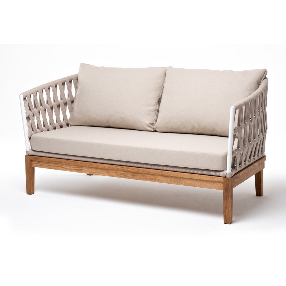 "Диего" диван 2-местный плетеный из роупа, основание дуб, каркас алюминий светло-серый (RAL7035) шагрень, роуп бежевый круглый, ткань бежевая 15052 "Диего" диван 2-местный плетеный из роупа, основание дуб, каркас алюминий светло-серый (RAL7035) шагрень, роуп бежевый круглый, ткань бежевая 15052