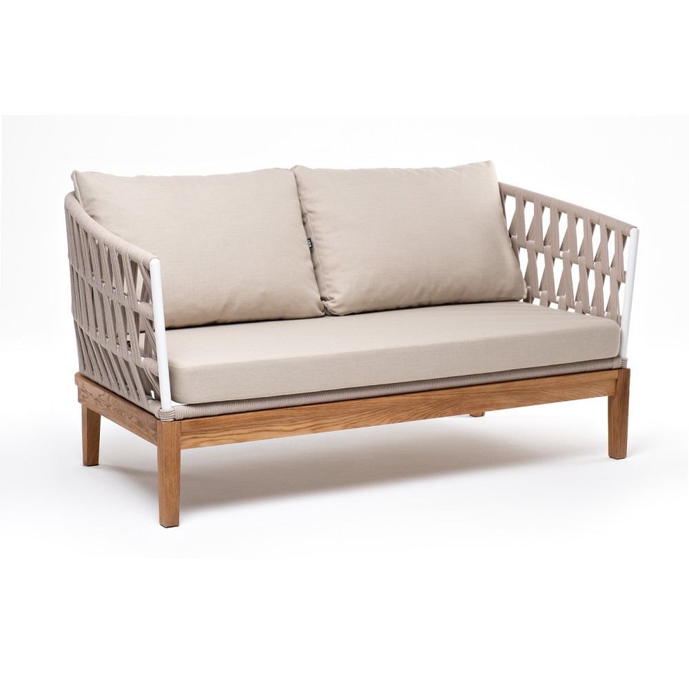 "Диего" диван 2-местный плетеный из роупа, основание дуб, каркас алюминий светло-серый (RAL7035) шагрень, роуп бежевый круглый, ткань бежевая 15052 "Диего" диван 2-местный плетеный из роупа, основание дуб, каркас алюминий светло-серый (RAL7035) шагрень, роуп бежевый круглый, ткань бежевая 15052