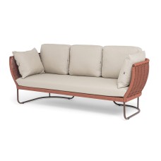 "Фиджи" диван 3-местный плетеный из роупа, каркас алюминий коричневый (RAL8016) муар, роуп красный (8372) круглый tex, ткань Mossle бежевая