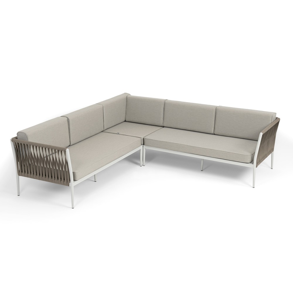 "Касабланка" диван модульный плетеный из роупа, каркас алюминий, роуп серо-коричневый 23мм, ткань бежевая 15052 "Касабланка" диван модульный плетеный из роупа, каркас алюминий, роуп серо-коричневый 23мм, ткань бежевая 15052