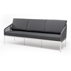 "Канны" диван 3-местный плетеный из роупа, каркас алюминий белый муар, роуп светло-серый круглый, ткань темно-серая 027