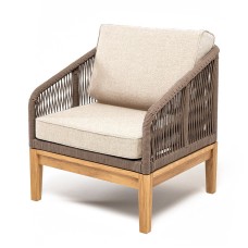 "Канны" кресло плетеное из роупа, основание дуб, роуп коричневый круглый, ткань бежевая 15052