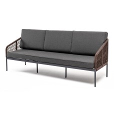 "Канны" диван 3-местный плетеный из роупа, каркас алюминий темно-серый (RAL7024) муар, роуп коричневый круглый, ткань темно-серая 027