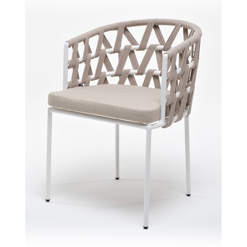 "Диего" стул плетеный из роупа, каркас из стали белый муар, роуп бежевый круглый, ткань бежевая 15052 "Диего" стул плетеный из роупа, каркас из стали белый муар, роуп бежевый круглый, ткань бежевая 15052