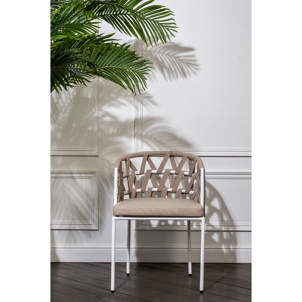 "Диего" стул плетеный из роупа, каркас из стали белый муар, роуп бежевый круглый, ткань бежевая 15052 "Диего" стул плетеный из роупа, каркас из стали белый муар, роуп бежевый круглый, ткань бежевая 15052