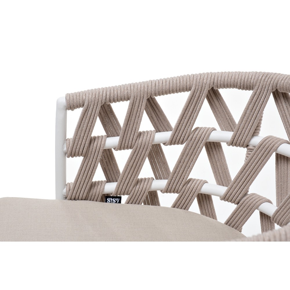 "Диего" стул плетеный из роупа, каркас из стали белый муар, роуп бежевый круглый, ткань бежевая 15052 "Диего" стул плетеный из роупа, каркас из стали белый муар, роуп бежевый круглый, ткань бежевая 15052