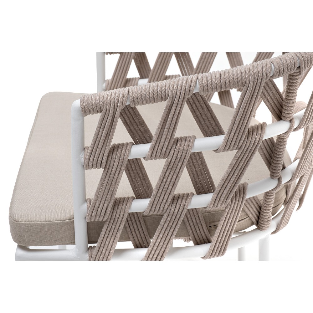 "Диего" стул плетеный из роупа, каркас из стали белый муар, роуп бежевый круглый, ткань бежевая 15052 "Диего" стул плетеный из роупа, каркас из стали белый муар, роуп бежевый круглый, ткань бежевая 15052