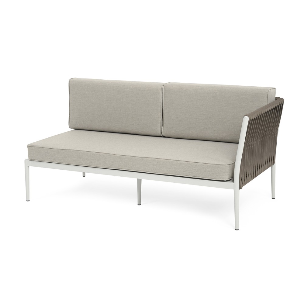 "Касабланка" левый модуль плетеный из роупа, каркас алюминий светло-серый (RAL7035) муар, роуп серо-коричневый 23мм, ткань бежевая 15052 "Касабланка" левый модуль плетеный из роупа, каркас алюминий светло-серый (RAL7035) муар, роуп серо-коричневый 23мм, ткань бежевая 15052