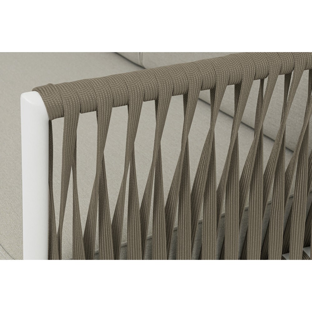 "Касабланка" левый модуль плетеный из роупа, каркас алюминий светло-серый (RAL7035) муар, роуп серо-коричневый 23мм, ткань бежевая 15052 "Касабланка" левый модуль плетеный из роупа, каркас алюминий светло-серый (RAL7035) муар, роуп серо-коричневый 23мм, ткань бежевая 15052