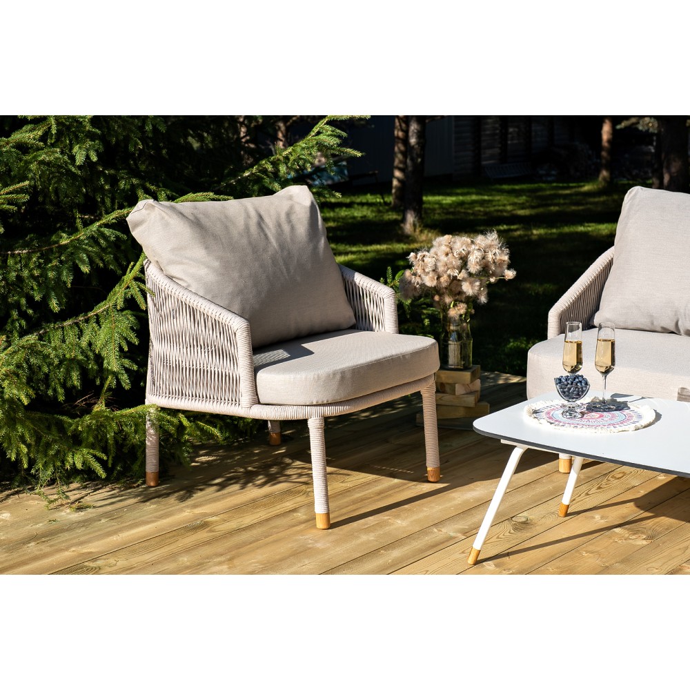 "Верона" кресло плетеное из роупа, каркас алюминий белый муар, роуп бежевый круглый, ткань бежевая 15052 "Верона" кресло плетеное из роупа, каркас алюминий белый муар, роуп бежевый круглый, ткань бежевая 15052