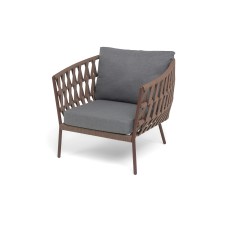 "Диего" кресло плетеное из роупа, каркас алюминий коричневый (RAL8016) муар, роуп коричневый круглый, ткань темно-серая 027