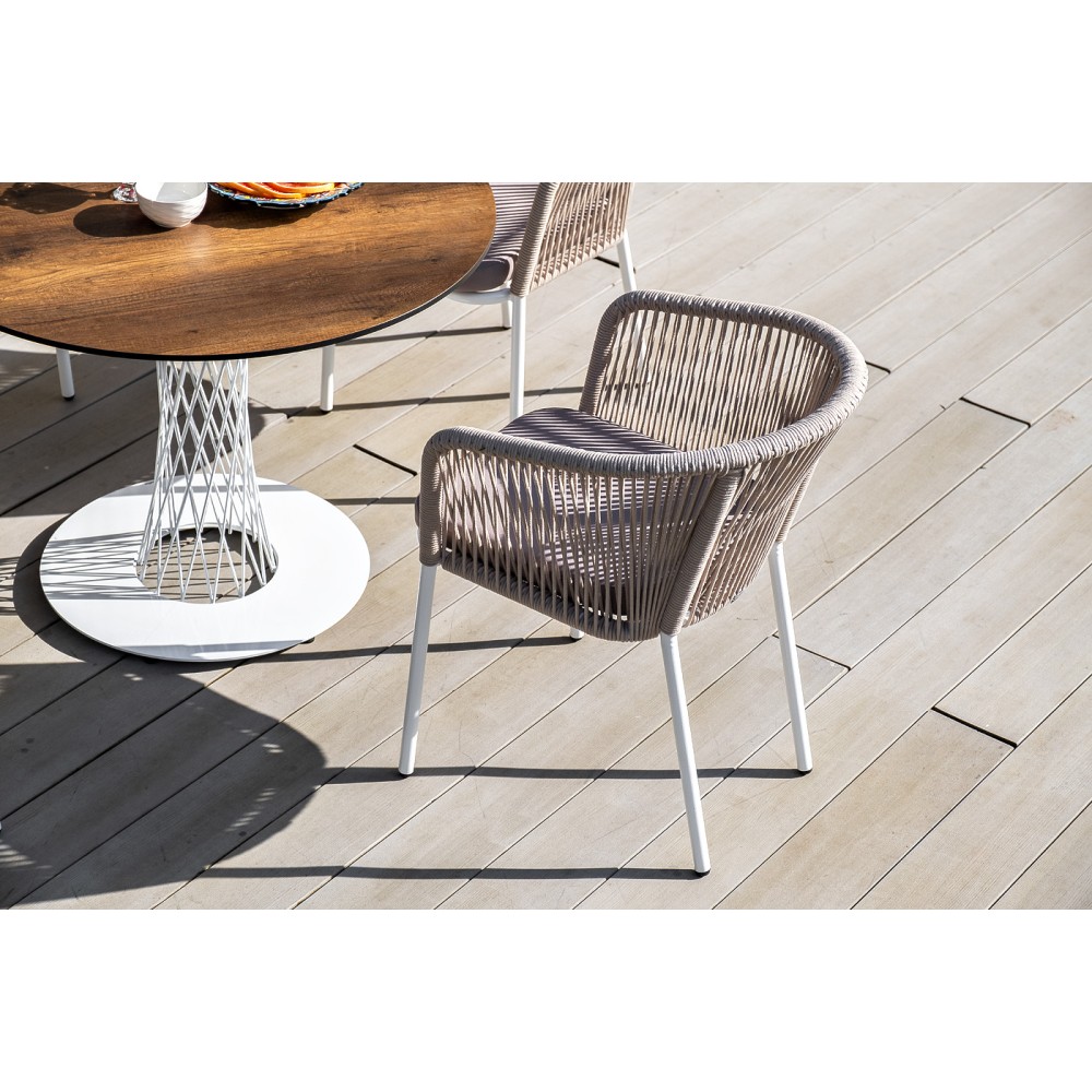 "Марсель" стул плетеный из роупа, каркас алюминий белый муар, роуп бежевый круглый, ткань бежевая 15052  "Марсель" стул плетеный из роупа, каркас алюминий белый муар, роуп бежевый круглый, ткань бежевая 15052