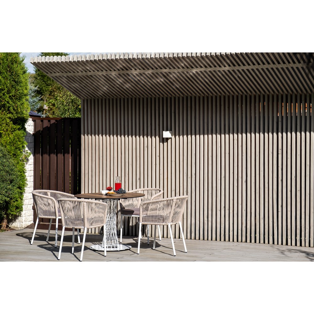 "Марсель" стул плетеный из роупа, каркас алюминий белый муар, роуп бежевый круглый, ткань бежевая 15052  "Марсель" стул плетеный из роупа, каркас алюминий белый муар, роуп бежевый круглый, ткань бежевая 15052