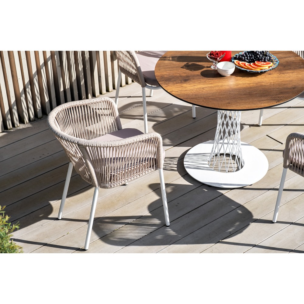 "Марсель" стул плетеный из роупа, каркас алюминий белый муар, роуп бежевый круглый, ткань бежевая 15052  "Марсель" стул плетеный из роупа, каркас алюминий белый муар, роуп бежевый круглый, ткань бежевая 15052