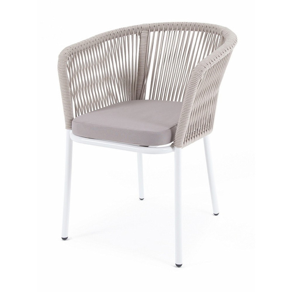 "Марсель" стул плетеный из роупа, каркас алюминий белый муар, роуп бежевый круглый, ткань бежевая 15052  "Марсель" стул плетеный из роупа, каркас алюминий белый муар, роуп бежевый круглый, ткань бежевая 15052