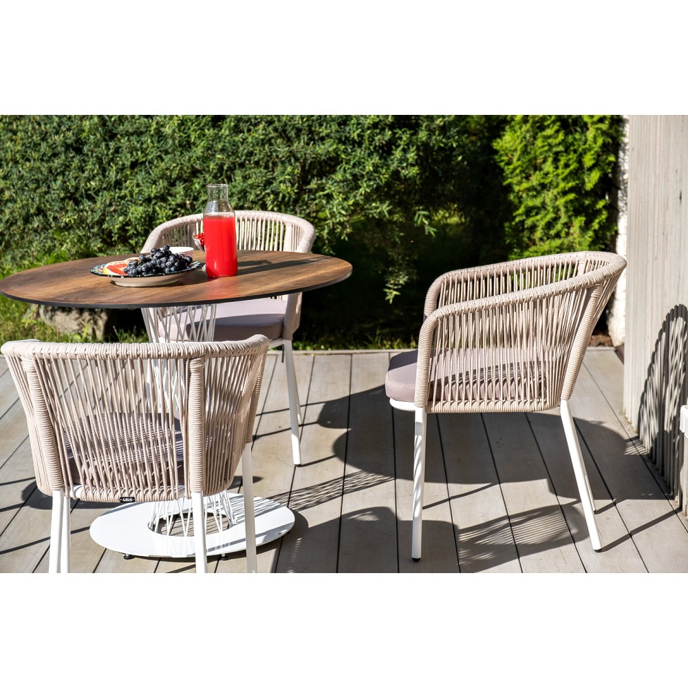 "Марсель" стул плетеный из роупа, каркас алюминий белый муар, роуп бежевый круглый, ткань бежевая 15052  "Марсель" стул плетеный из роупа, каркас алюминий белый муар, роуп бежевый круглый, ткань бежевая 15052