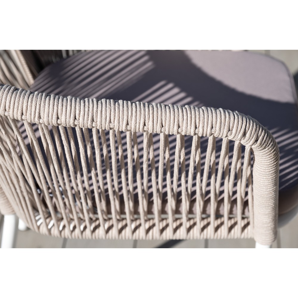 "Марсель" стул плетеный из роупа, каркас алюминий белый муар, роуп бежевый круглый, ткань бежевая 15052  "Марсель" стул плетеный из роупа, каркас алюминий белый муар, роуп бежевый круглый, ткань бежевая 15052