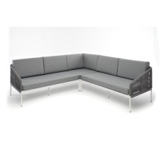 "Канны" диван модульный плетеный из роупа, каркас алюминий белый, роуп светло-серый круглый, ткань светло-серая