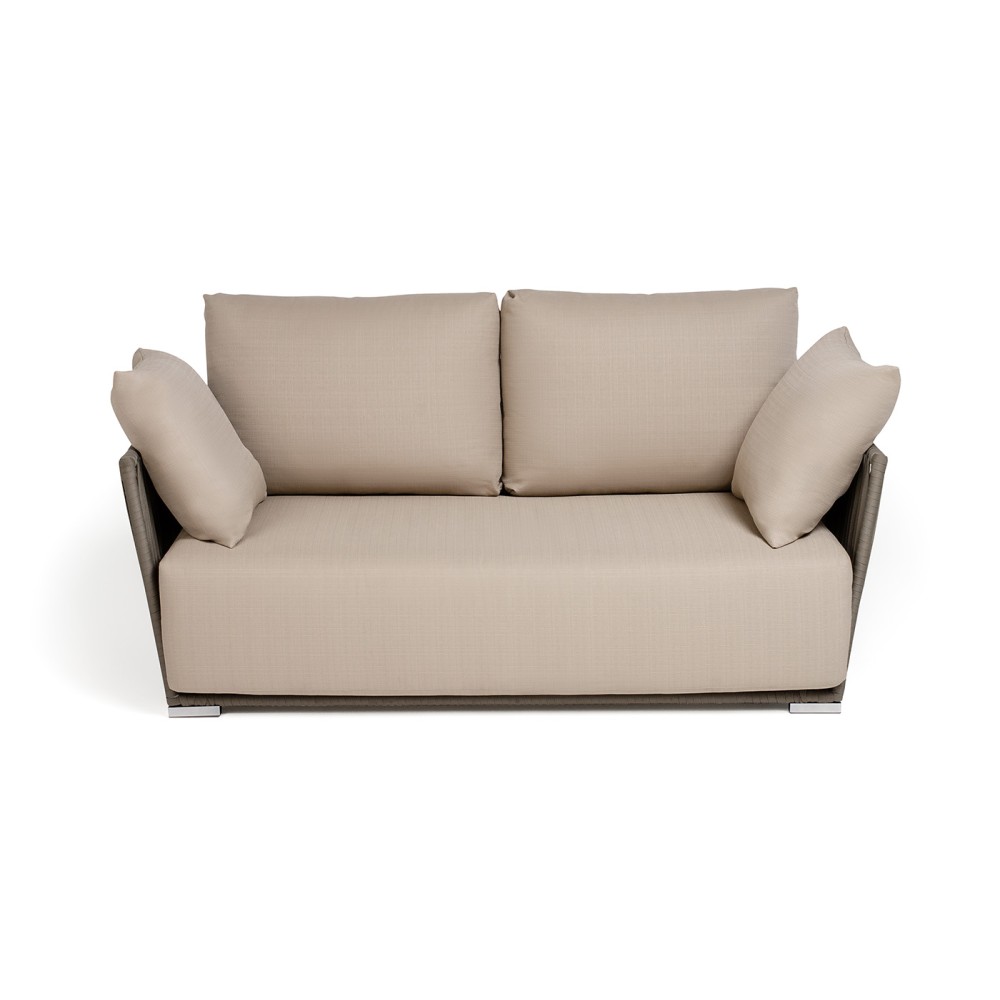 "Форли" диван 2-местный плетеный из роупа, каркас алюминий светло-серый (RAL7035) муар, роуп серо-коричневый 23мм, ткань Mossle бежевая "Форли" диван 2-местный плетеный из роупа, каркас алюминий светло-серый (RAL7035) муар, роуп серо-коричневый 23мм, ткань Mossle бежевая