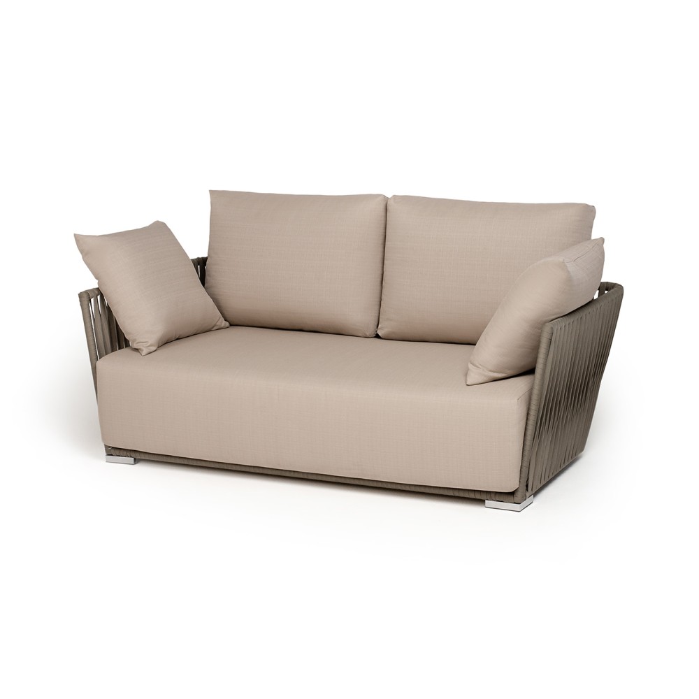 "Форли" диван 2-местный плетеный из роупа, каркас алюминий светло-серый (RAL7035) муар, роуп серо-коричневый 23мм, ткань Mossle бежевая "Форли" диван 2-местный плетеный из роупа, каркас алюминий светло-серый (RAL7035) муар, роуп серо-коричневый 23мм, ткань Mossle бежевая