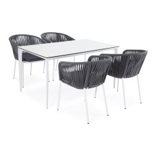 "Малага" обеденная группа на 4 персоны со стульями "Бордо", каркас белый, роуп серый