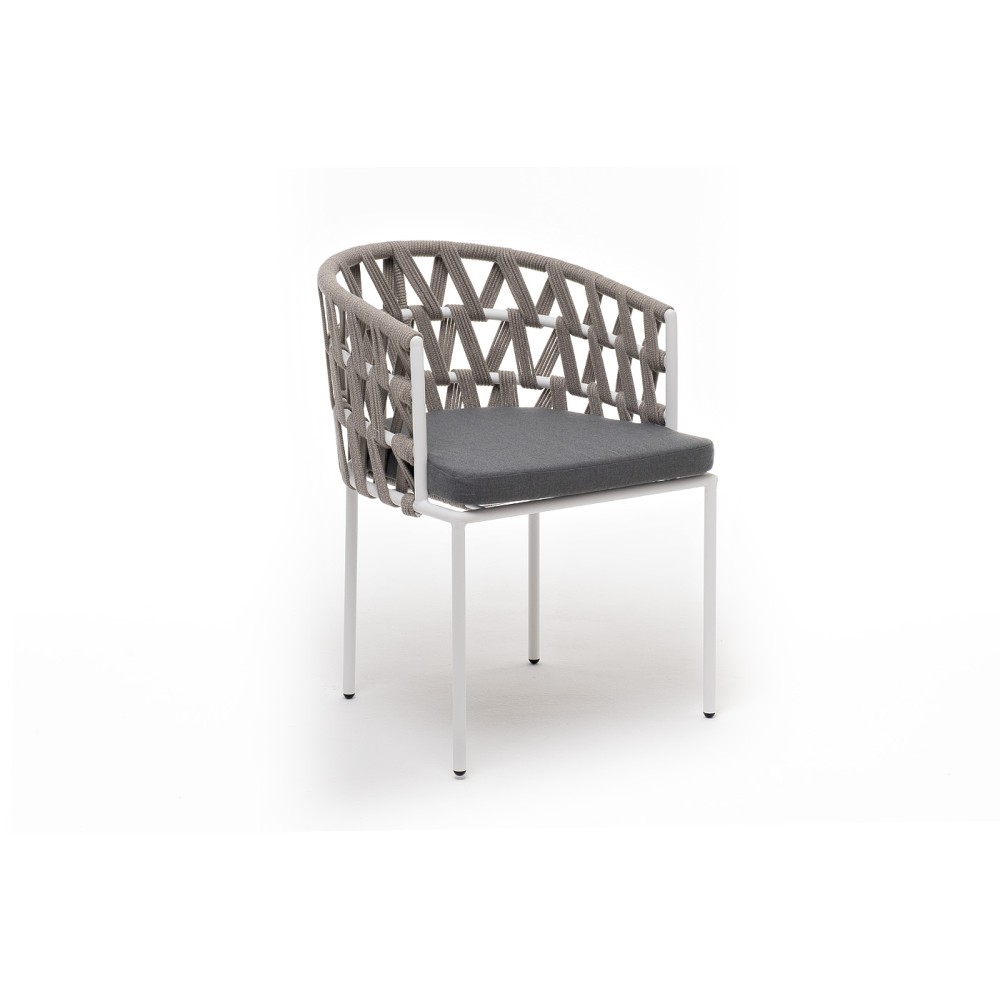 "Диего" стул плетеный из роупа, каркас из стали белый муар, роуп серый меланж круглый, ткань серая 017 "Диего" стул плетеный из роупа, каркас из стали белый муар, роуп серый меланж круглый, ткань серая 017