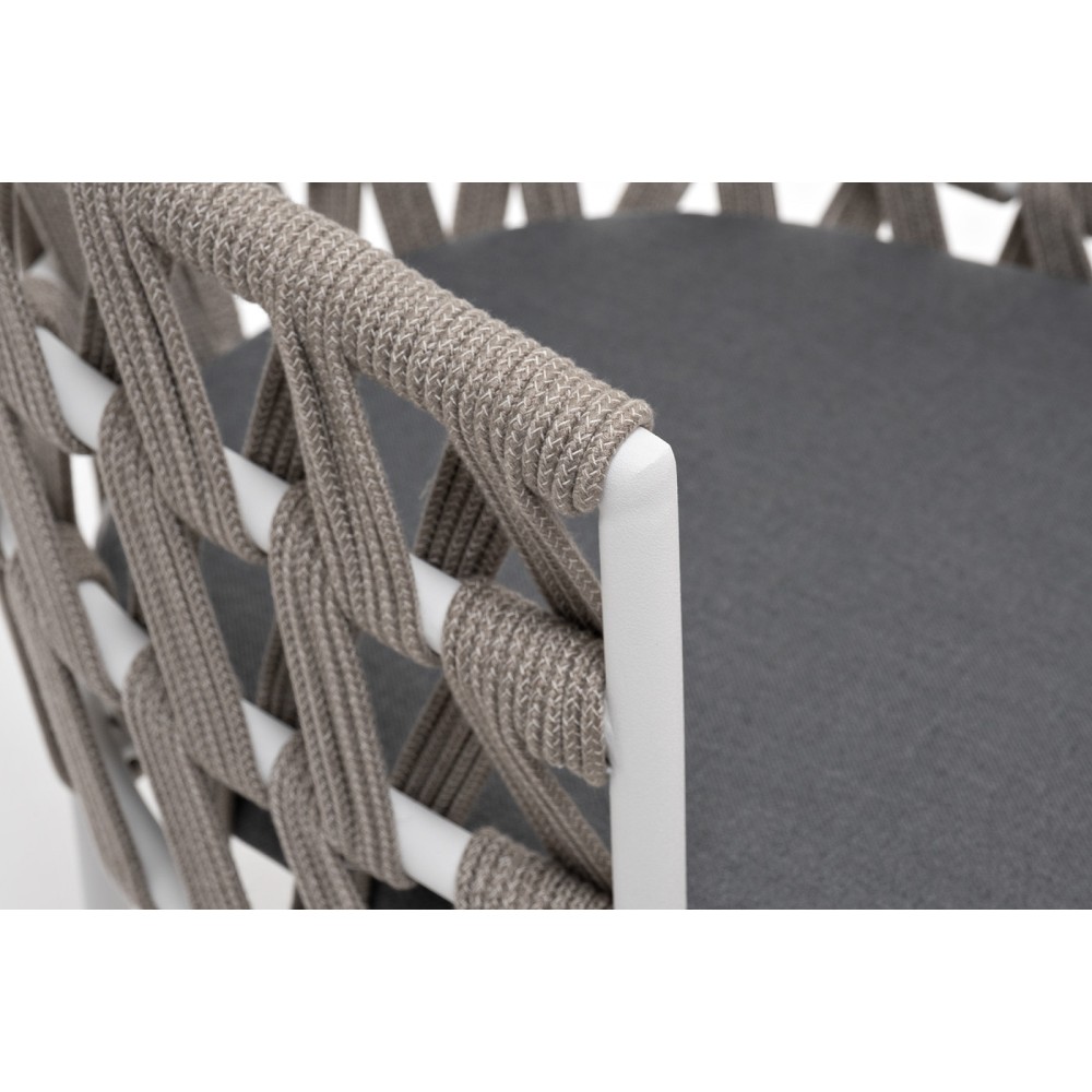 "Диего" стул плетеный из роупа, каркас из стали белый муар, роуп серый меланж круглый, ткань серая 017 "Диего" стул плетеный из роупа, каркас из стали белый муар, роуп серый меланж круглый, ткань серая 017