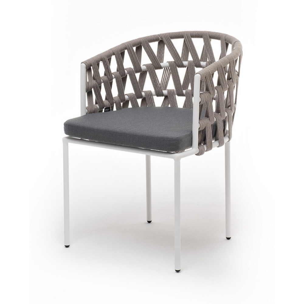 "Диего" стул плетеный из роупа, каркас из стали белый муар, роуп серый меланж круглый, ткань серая 017 "Диего" стул плетеный из роупа, каркас из стали белый муар, роуп серый меланж круглый, ткань серая 017